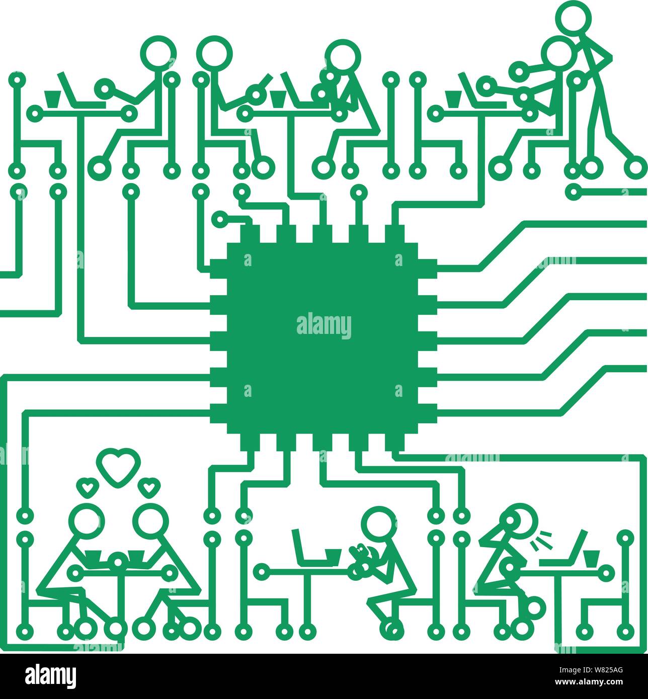 Die Menschen in der Form von Schaltungen in verschiedenen Modi der elektronischen Kommunikation in einem Coffee Shop einstellen Stock Vektor