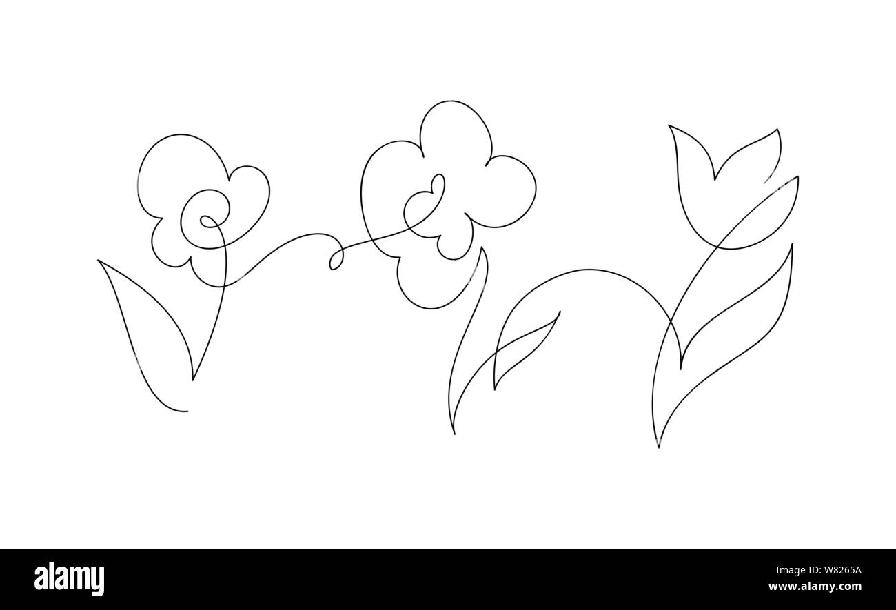 Kontinuierliche eine Linie Zeichnung Blumen. Schwarz-Weiß-Vektorgrafik. Konzept für Logokarte, Banner, Poster, Flyer Stock Vektor