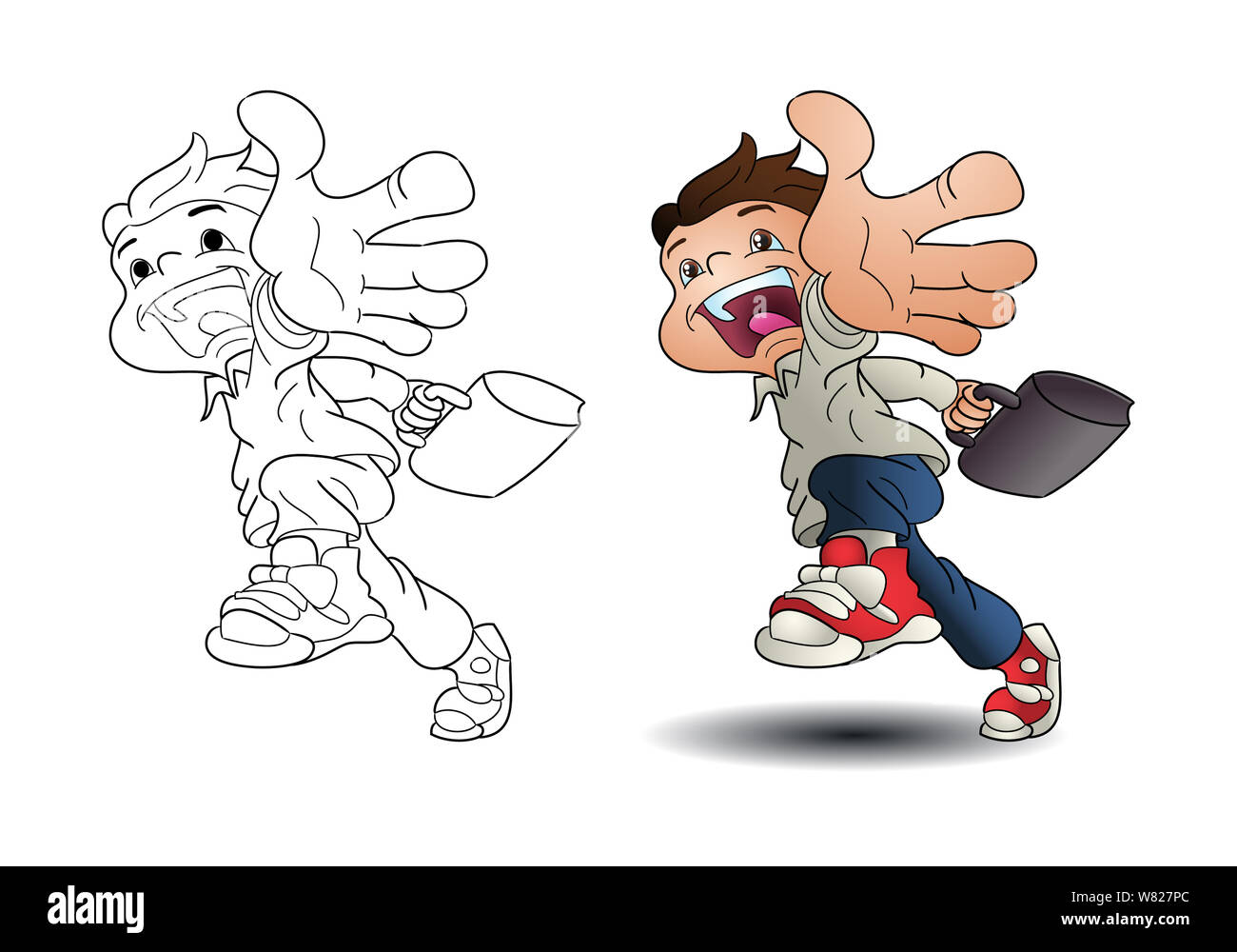 Abbildung: Ein Junge reist einen Bus auf Weiß isoliert Stockfoto