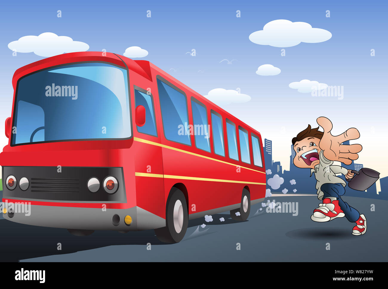 Abbildung: Ein Junge reist einen Bus auf Stadt Hintergrund Stockfoto