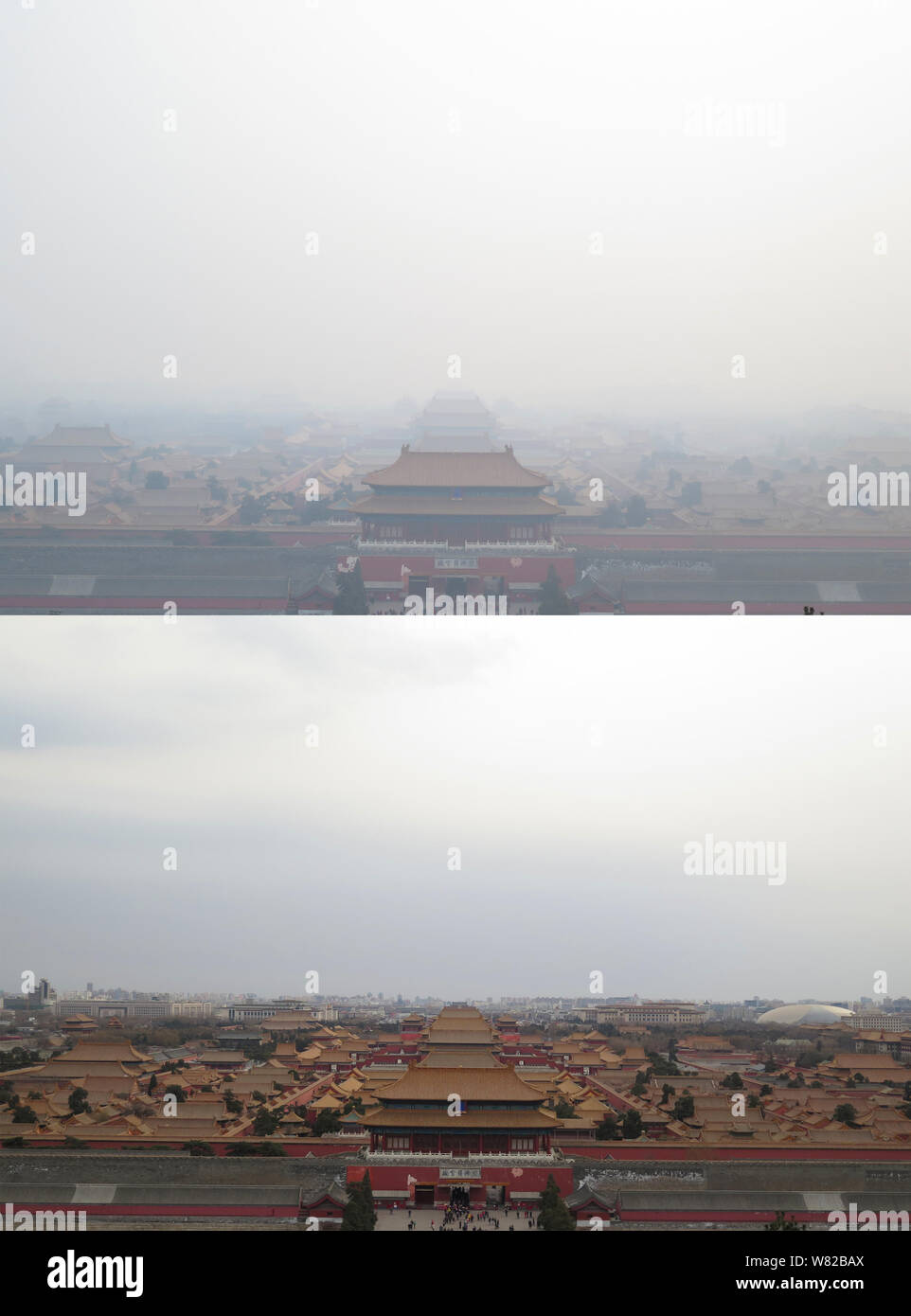 Dieser zusammengesetzte Foto zeigt das Palast Museum, die auch als der Verbotenen Stadt und dem Nationalen Zentrum für Darstellende Künste in Peking, China, in h Stockfoto