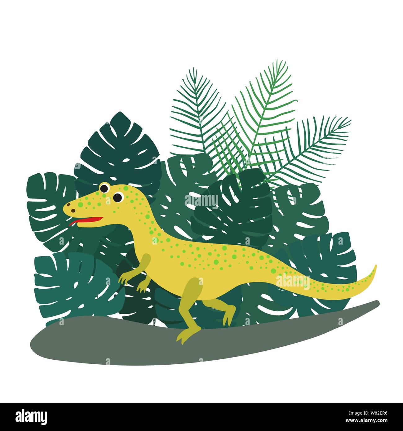 Niedlich, Cartoon ceratosaurus Dinosaurier auf dem Hintergrund der Büsche von tropischen Palmen Blätter. Vector Illustration Stock Vektor