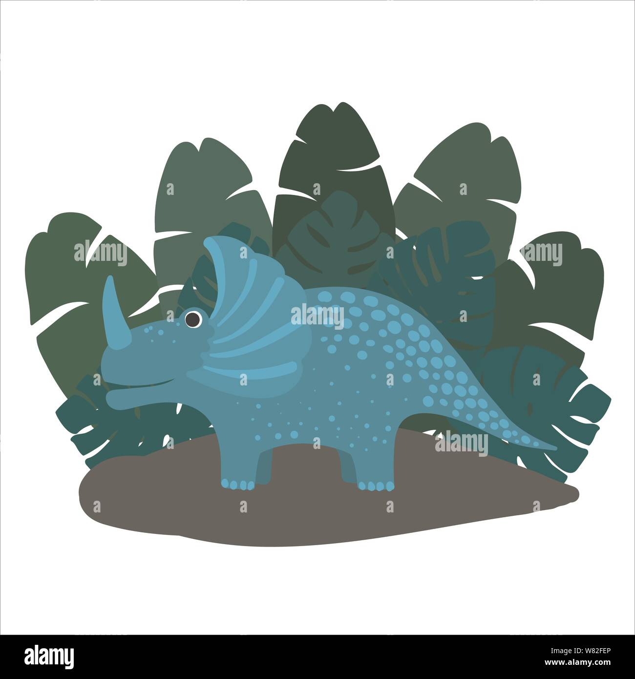 Niedlich, cartoon Dinosaurier triceratops auf dem Hintergrund der Büsche von tropischen Palmen Blätter. Vector Illustration Stock Vektor