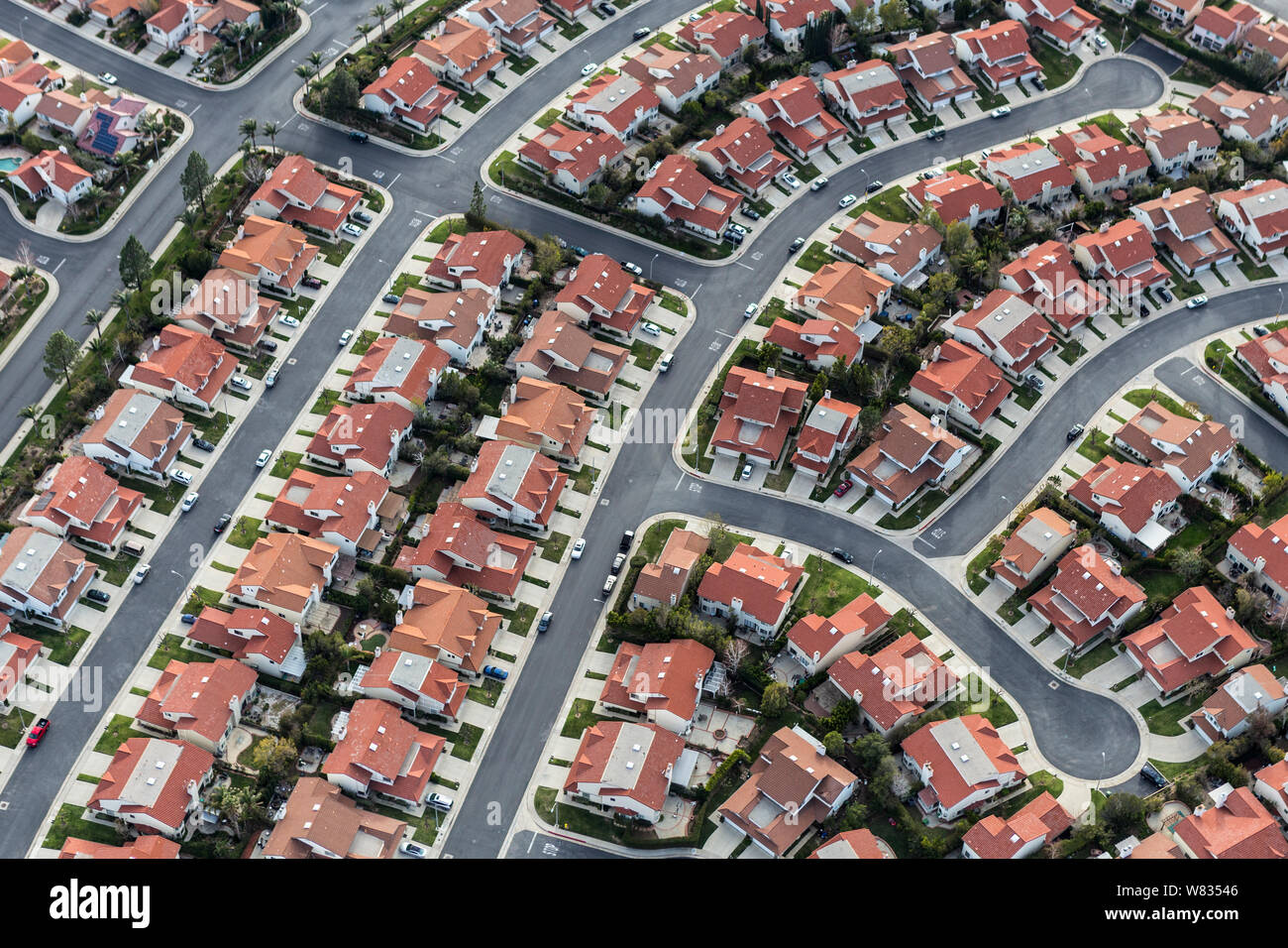 Luftaufnahme von typischen suburbanen cul-de-sac Street in der San Fernando Valley Region von Los Angeles, Kalifornien. Stockfoto