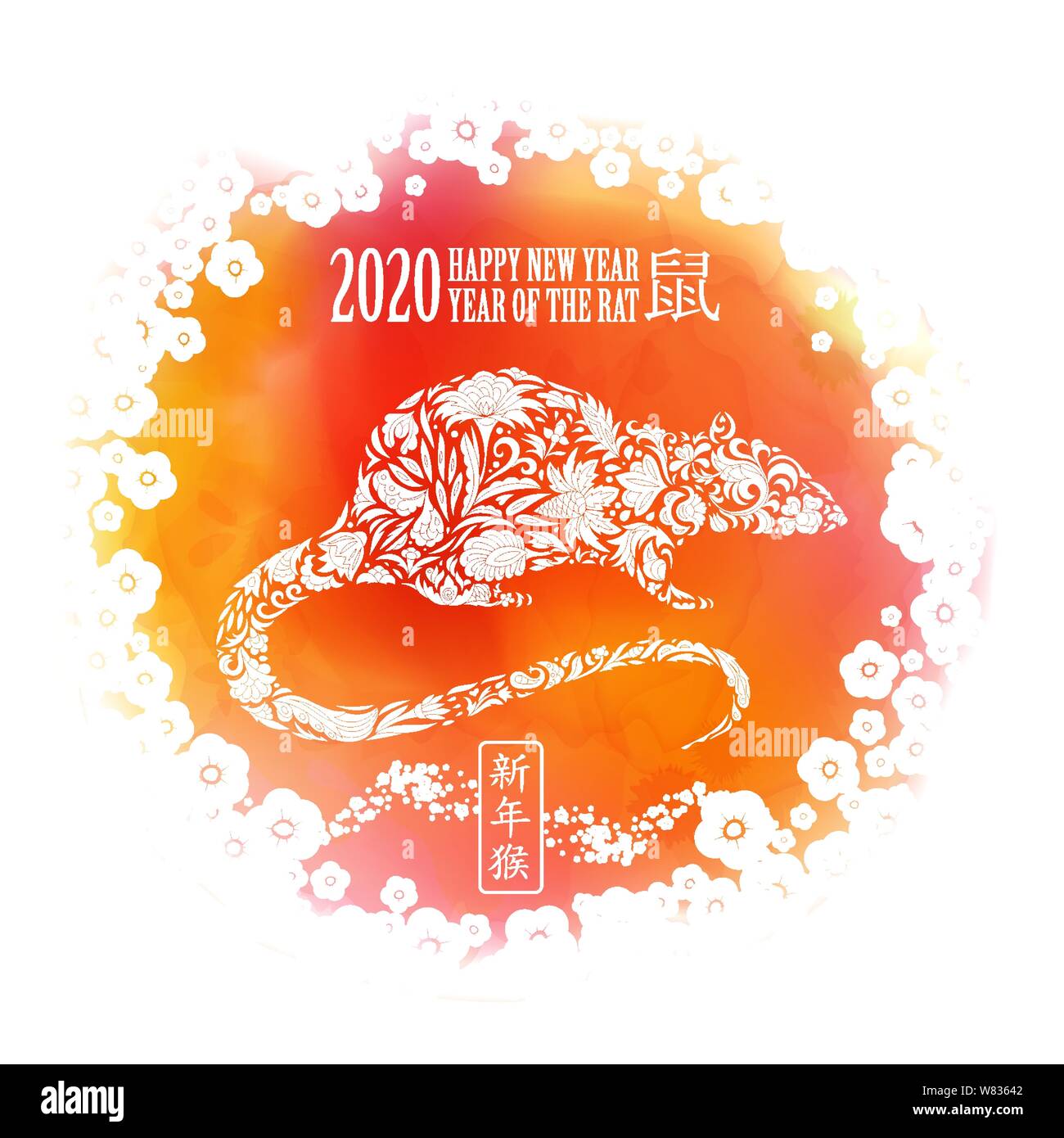 Chinesisches Neues Jahr festliche Vector Card Design mit Ratte, Sternzeichen Symbol von 2020 Jahr, auf Aquarell Hintergrund (Chinesisch Übersetzung: ein Frohes Neues Jahr. Ratte). Stock Vektor