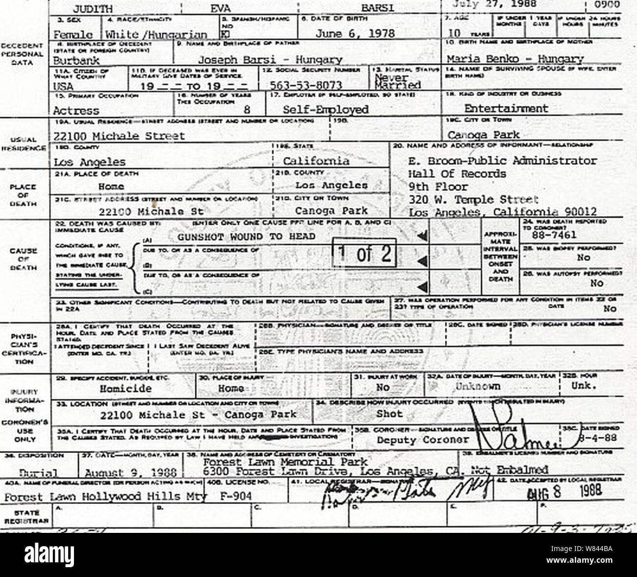 Sterbeurkunde von Judith Barsi. Stockfoto