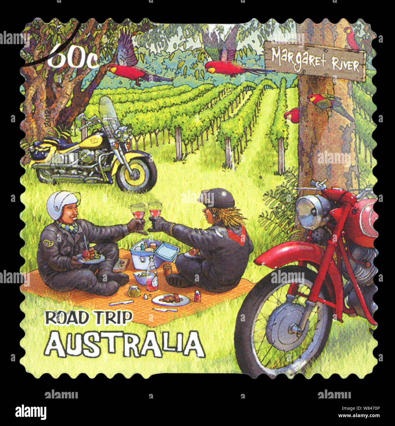 Australien - ca. 2012: einen Stempel in Australien gedruckt die Straße Reise gewidmet, zeigt Picknick am Margaret River, Australien, ca. 2012 Stockfoto