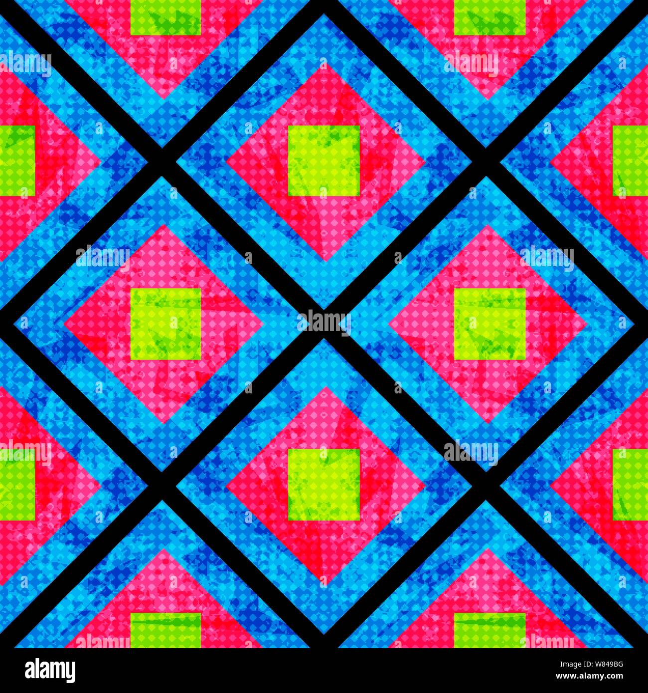 Grün und Rosa auf einem blauen Hintergrund der Polygone. Nahtlose geometrische Muster. grunge Effekt Stock Vektor