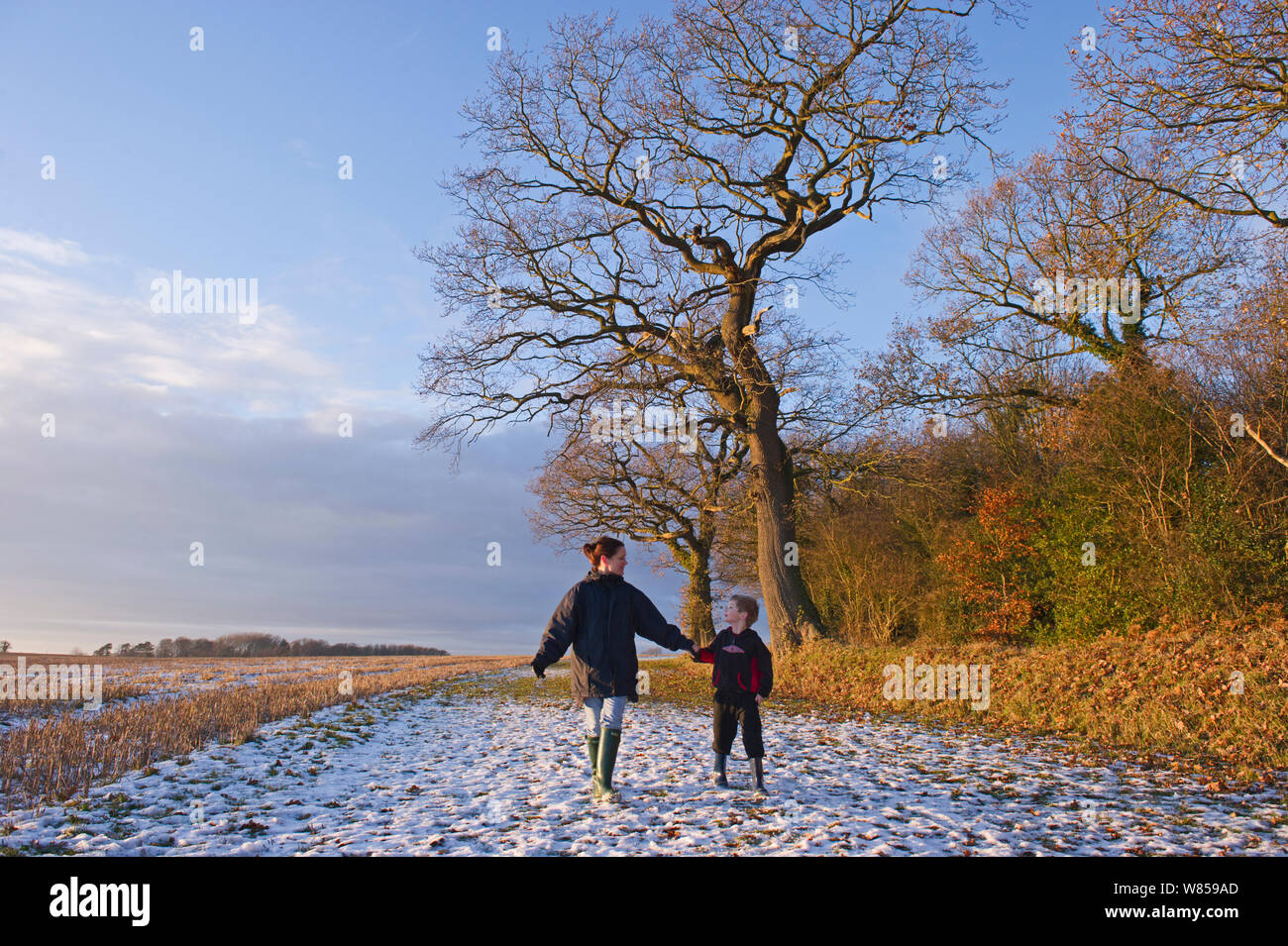 Mutter und Sohn gehen in Schnee Norfolk, Dezember 2010. Model Released. Stockfoto