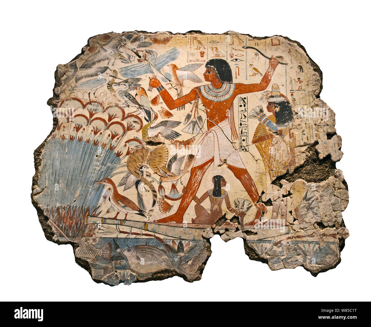 Malerei aus dem Grab Kapelle von Nebanum, Theben, Ägypten. Ende des 18. Dynastie, um 1350 v. Chr.. Nebamun ist Jagd Vögel gezeigt, in einem kleinen Boot mit seiner Frau Hatschepsut und ihre junge Tochter, in den Sümpfen des Nils. Stockfoto