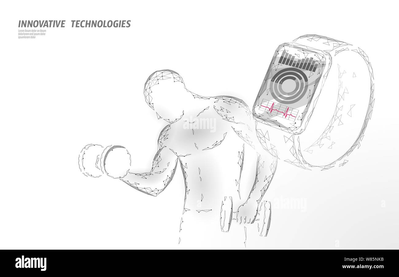 Starke Sportler Gewicht 3D-polygonalen Fitness tracker Konzept. Low Poly smart Uhren Sport App überwachen Männlichen Kurzhanteltraining Stärke athletische Arm Stock Vektor