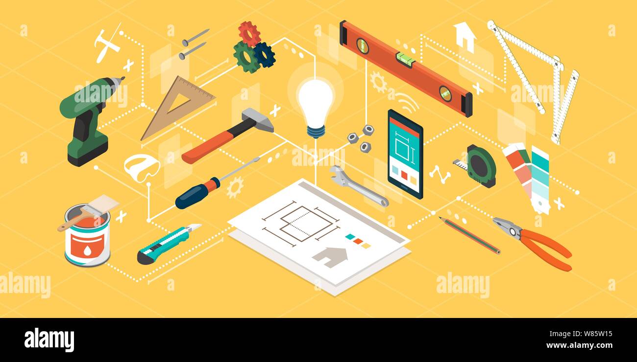 DIY, Home Renovierung und kreative Projekte: isometrische Tools, Smartphone und Baumaschinen Stock Vektor