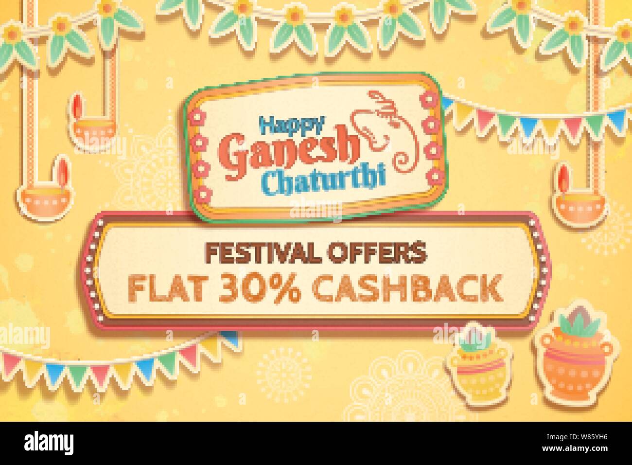 Happy Ganesh Chaturthi verkauf Design mit Fahnen und Kupfer kalash auf gelbem Hintergrund Stock Vektor