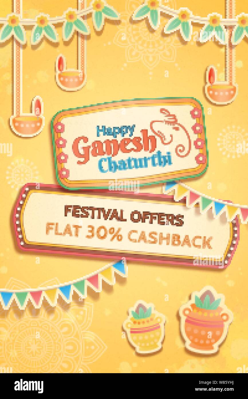 Happy Ganesh Chaturthi verkauf Design mit Fahnen und Kupfer kalash auf gelbem Hintergrund Stock Vektor