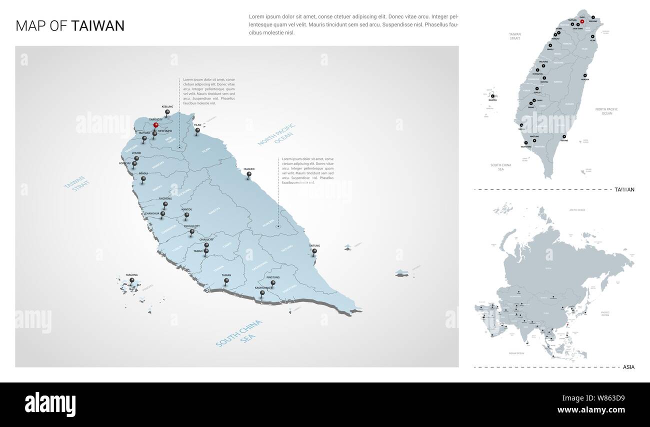 Vektor einrichten von Taiwan Land. Isometrische 3d-Karte, Karte von Taiwan, Asien Karte - mit Region, Staat Namen und Städtenamen. Stock Vektor