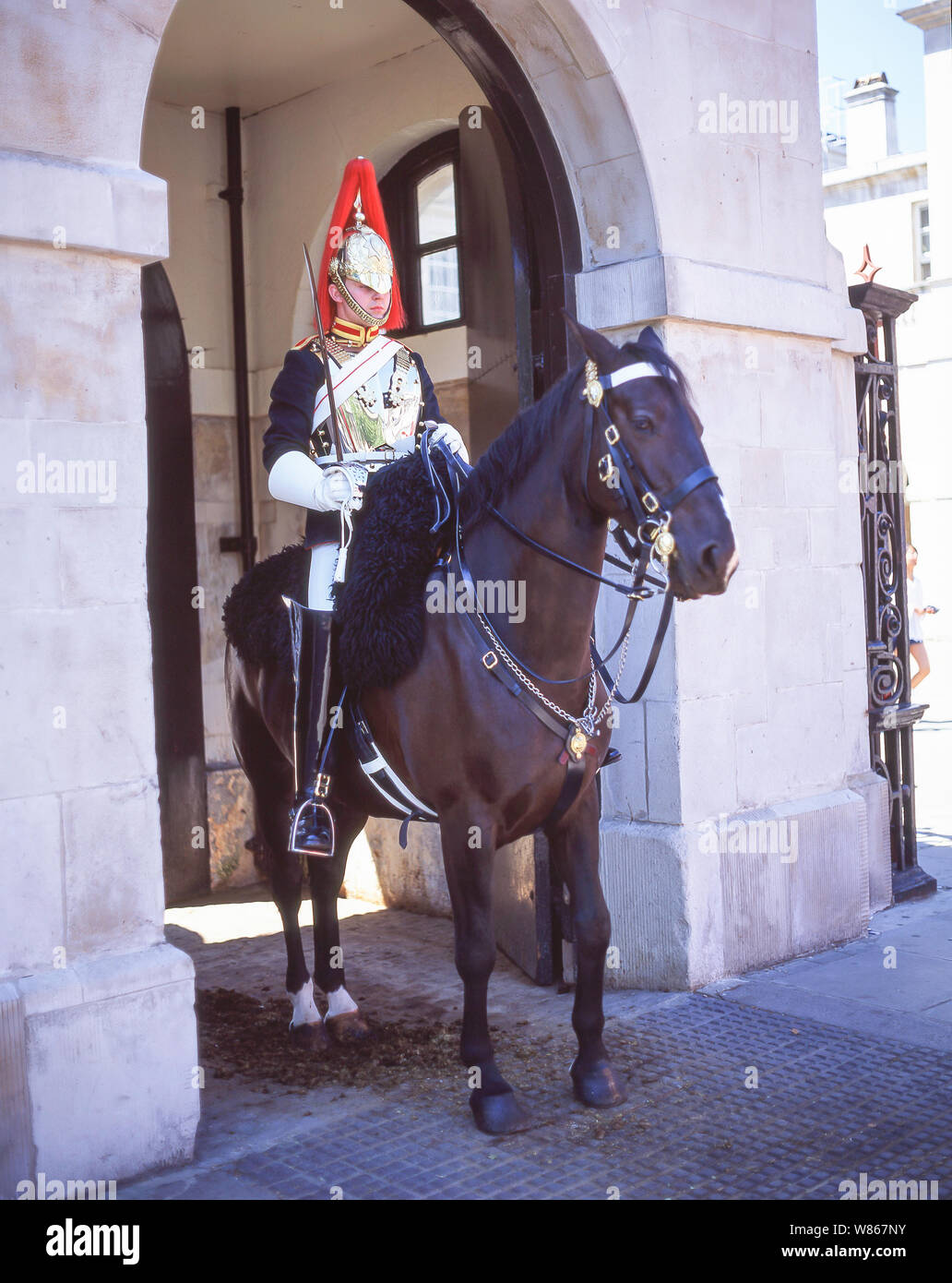 Mounted Royal Horse Guard, Horse Guards Parade, Whitehall, City of Westminster, Greater London, England, Großbritannien Stockfoto