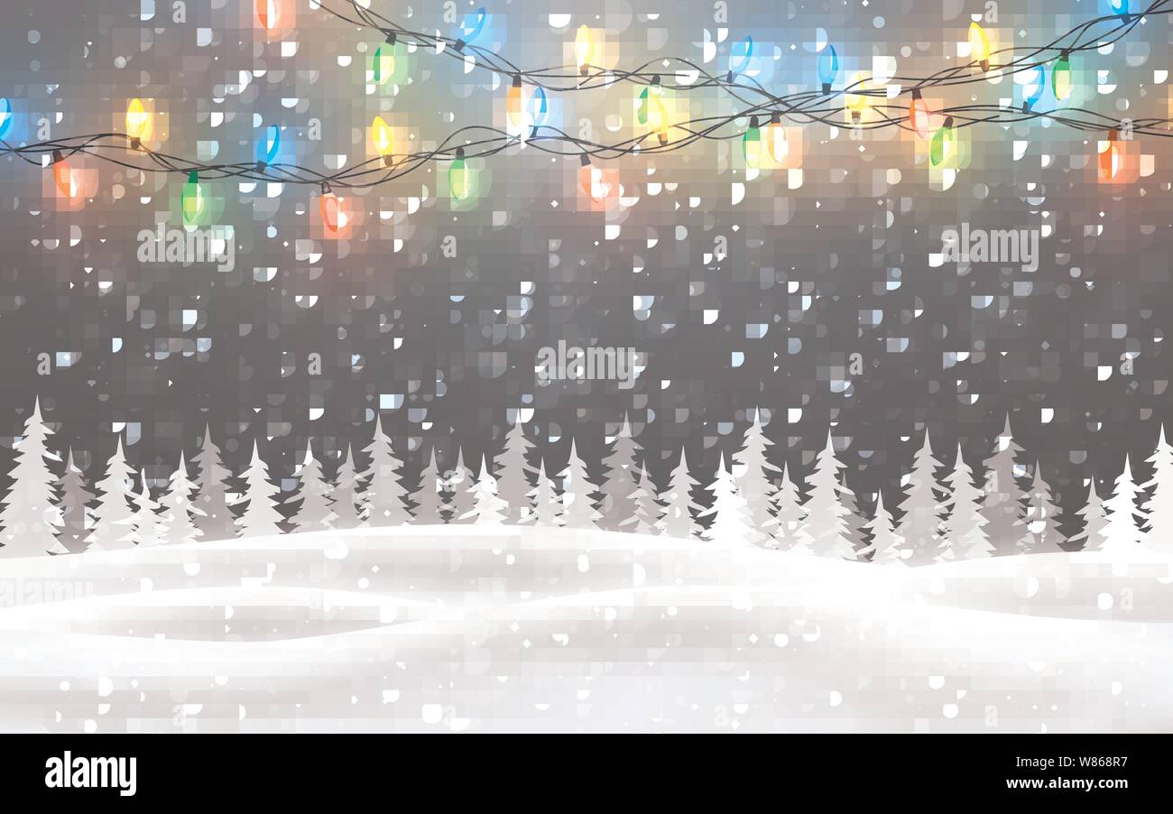 Weihnachten Verschneiten Nacht Waldlandschaft Mit Fallendem Schnee Tannen Lichterkette Schneeflocken Fur Winter Und Feiertage Des Neuen Jahres Weihnachten Winter Hintergrund Stock Vektorgrafik Alamy