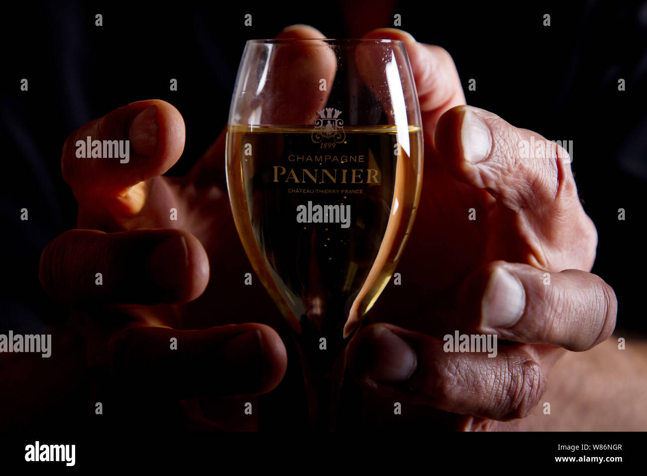 Hände halten ein Glas Pannier Champagner in Chateau-Thierry (Nordfrankreich) Stockfoto