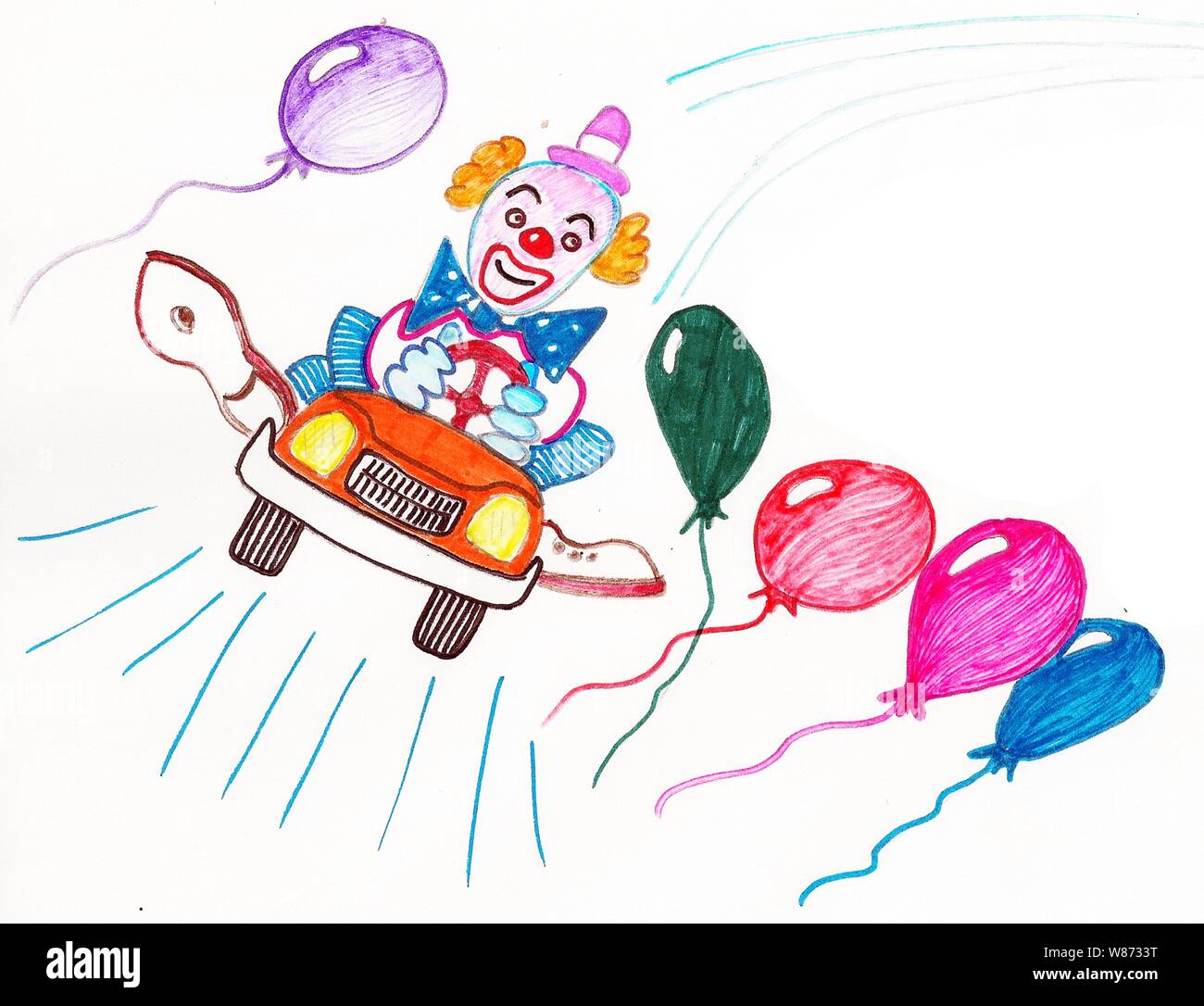 Farbige Markierungen eines Clowns in einem Auto mit farbigen Ballons Stockfoto