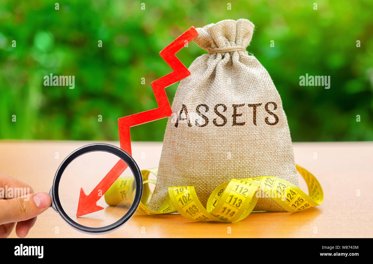 Geld beutel mit Maßband und das Wort Vermögenswerte mit dem Pfeil nach unten. Fallenden Vermögenswerte, Liquidität und Wert. Analyse der Return on Asset. Der kapitalabfluss. Stockfoto