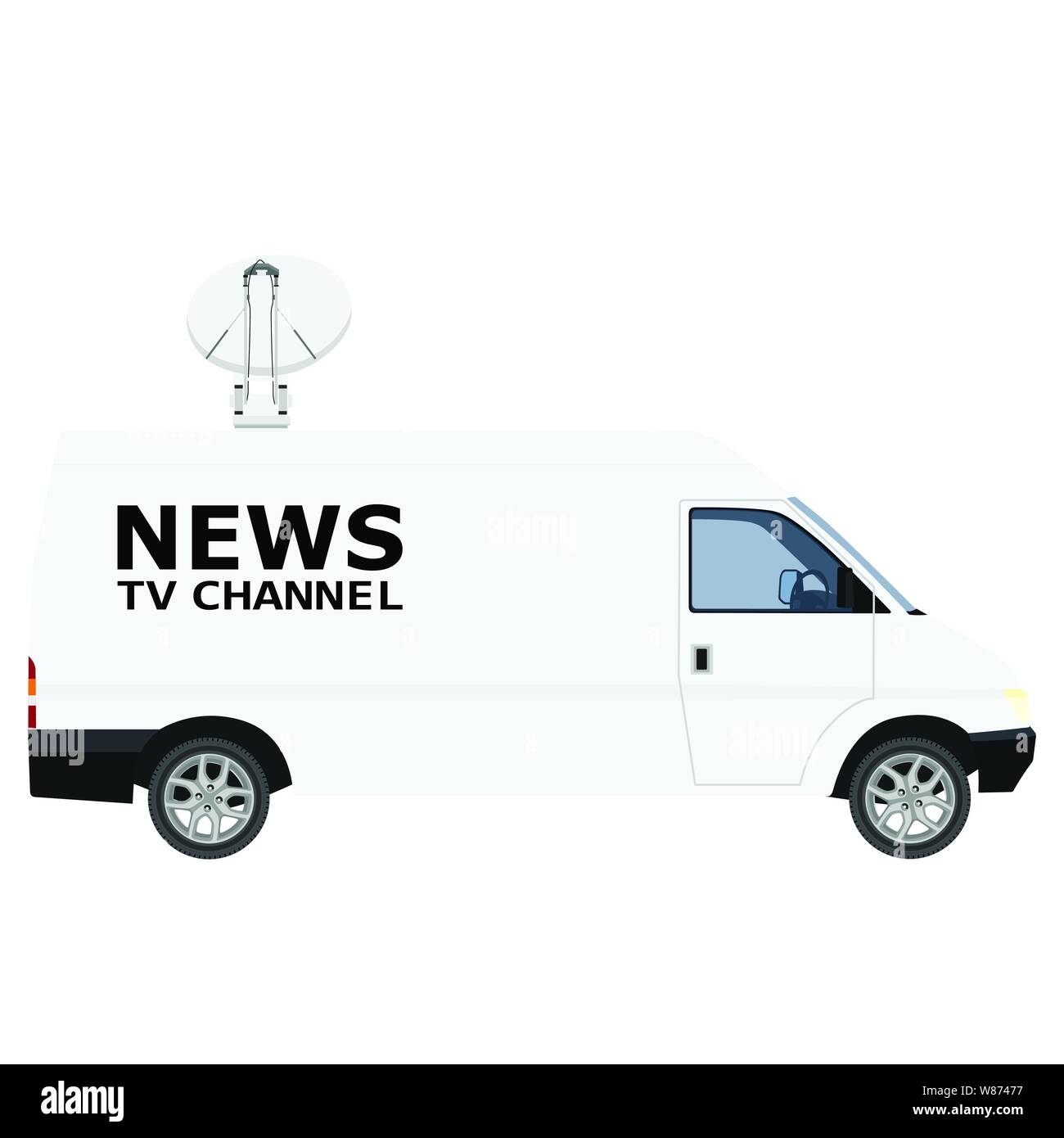 TV News Auto mit Ausrüstung auf dem Dach. Van auf isolierten Hintergrund. Vector Illustration Stock Vektor