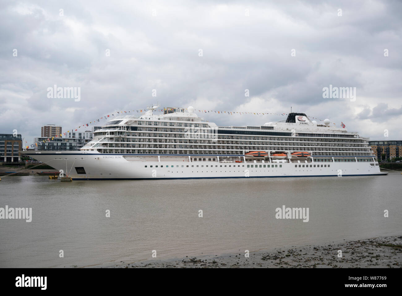 Viking sun Kreuzfahrt Schiff angedockt auf der Themse, London Greenwich. Stockfoto