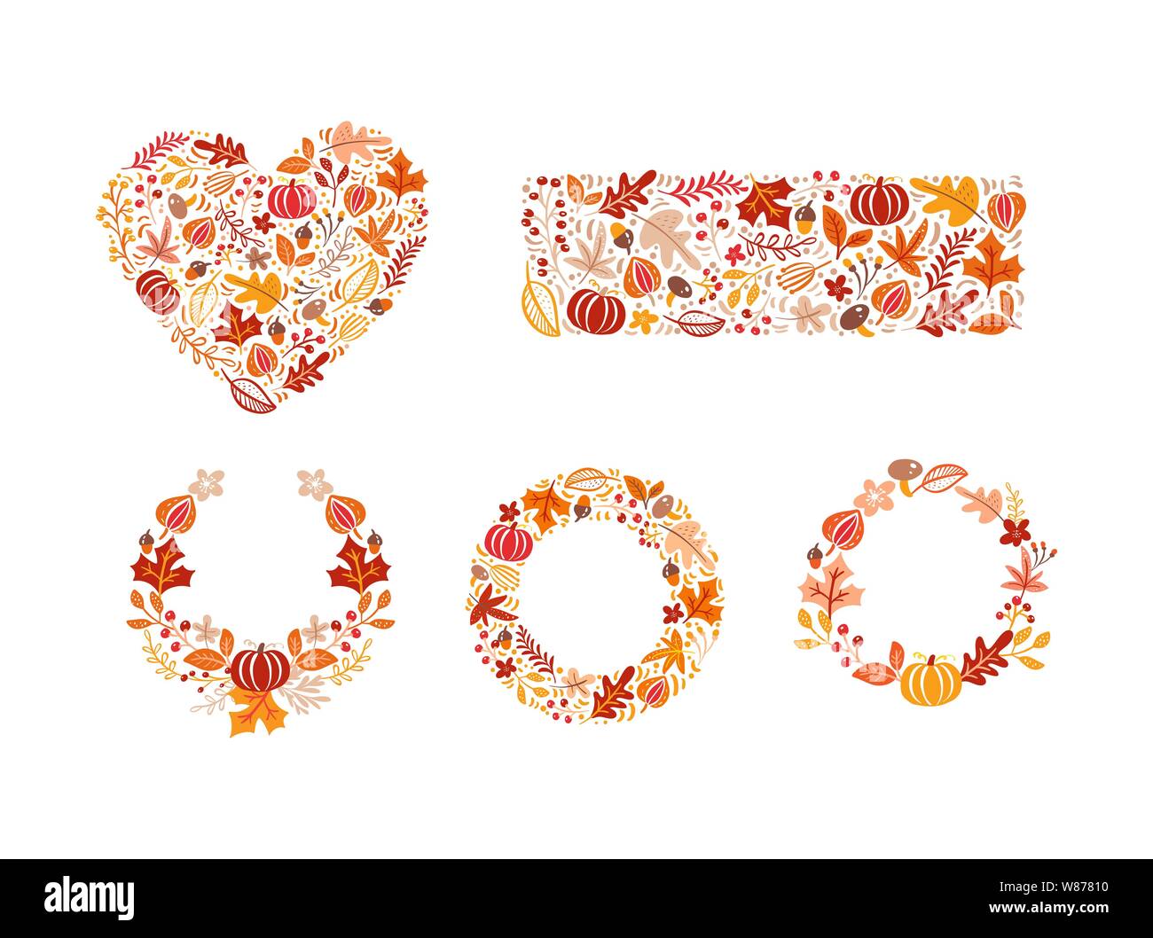 Bundle Set von Vektor Herbst Elemente in Herz, Rechteck-Form und Kranz gemacht. Pilz, Eichel, Ahornblätter und Kürbis isoliert. Perfekt für Stock Vektor