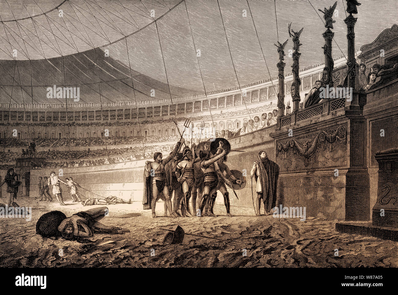 Gladiatorenkämpfe im Kolosseum, antikes Amphitheater in Rom, Italien Stockfoto