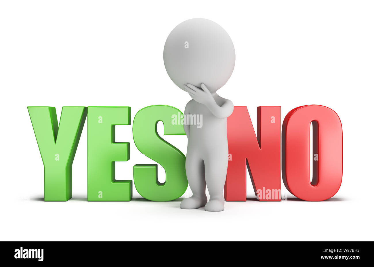 3d kleine Person, die zwischen den Worten Ja und Nein. 3D-Bild. Weißer Hintergrund. Stockfoto