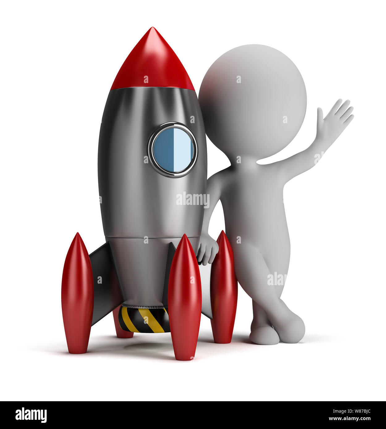 3d kleine Person neben Rakete. 3D-Bild. Isoliert weißer Hintergrund. Stockfoto