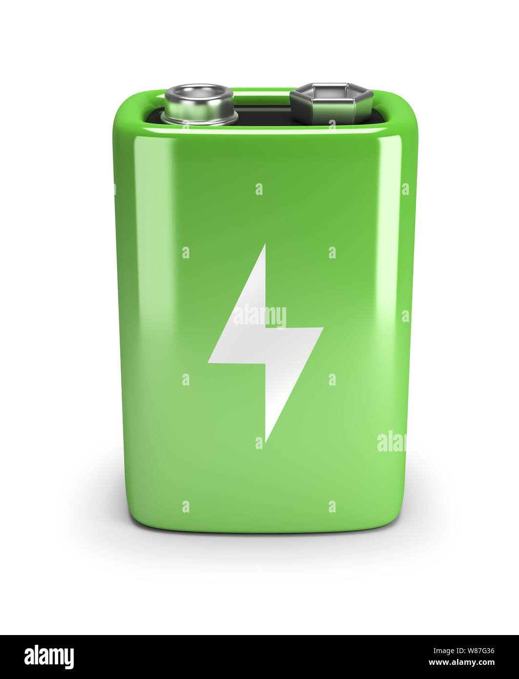 Grüne Batterie. 3D-Bild. Isoliert weißer Hintergrund. Stockfoto
