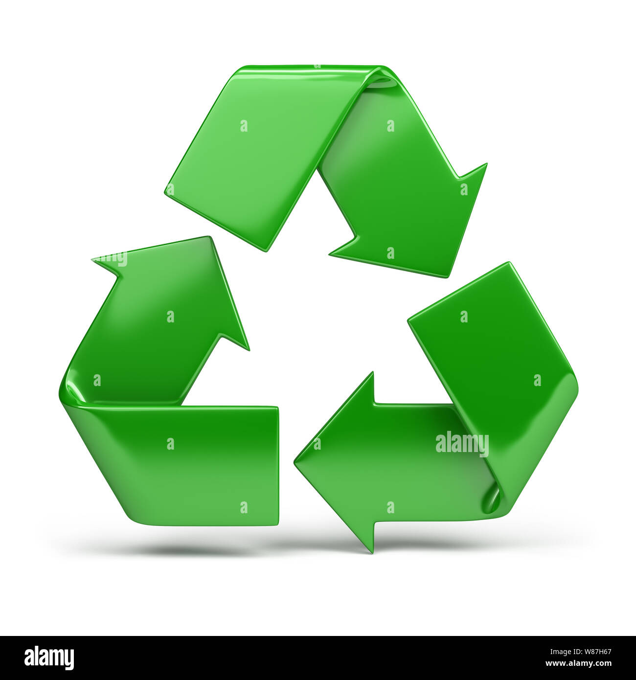 Grün, glänzend recycling Symbol. 3D-Bild. Isoliert weißer Hintergrund. Stockfoto