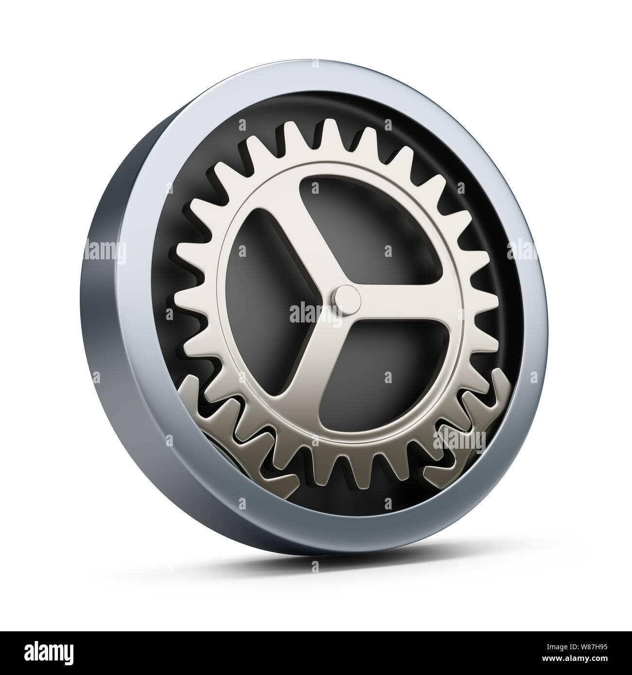 Symbol "Einstellungen". Mechanismus. 3D-Bild. Weißer Hintergrund. Stockfoto