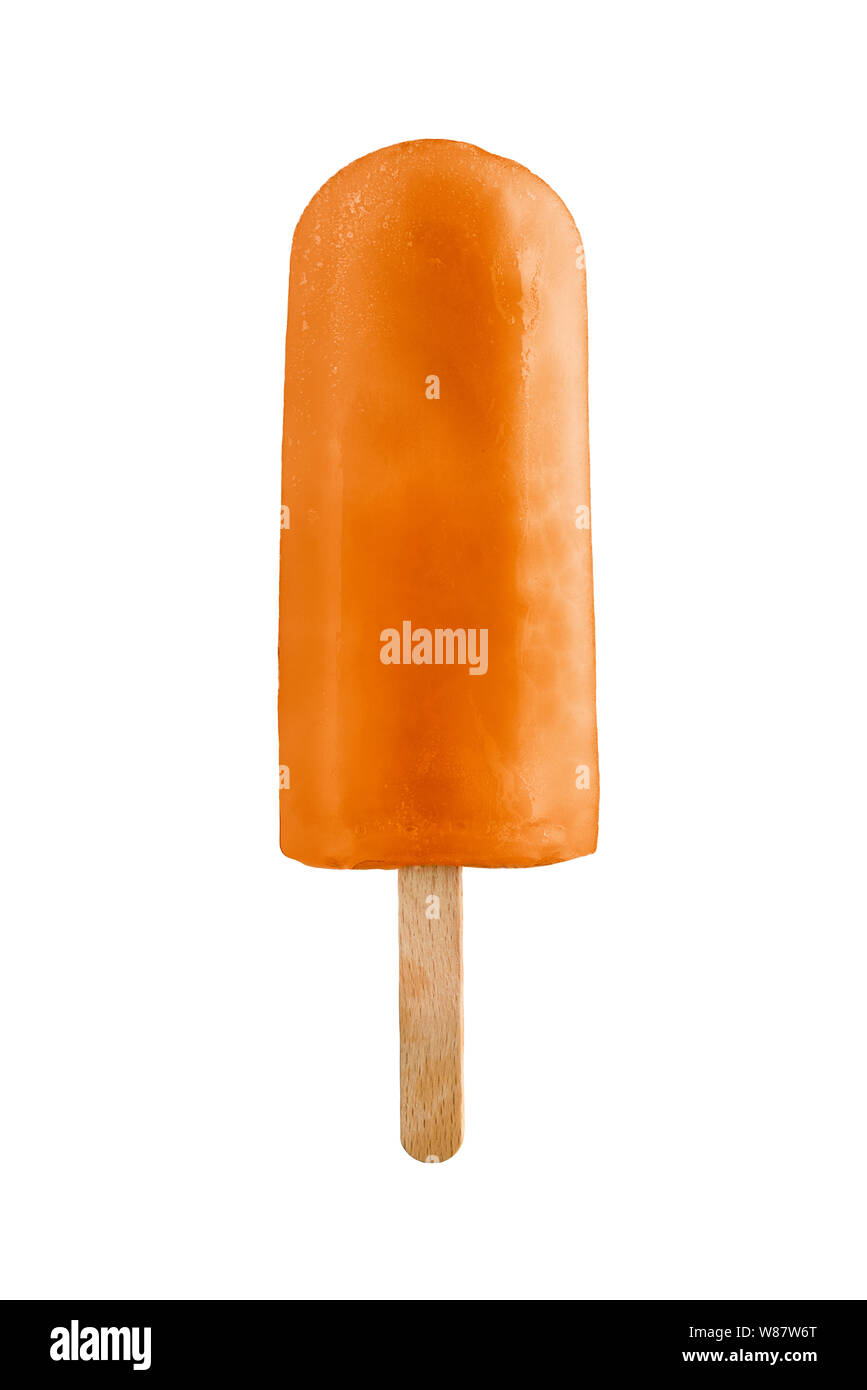 Orange Eis am Stiel, auf weißem Hintergrund Stockfoto