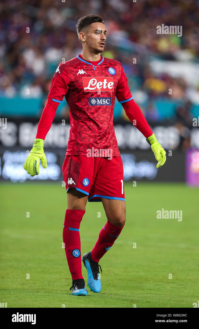 August 7, 2019, Miami, Florida, USA: SSC Napoli Torwart Alex Meret (1) sieht bei einem Freundschaftsspiel gegen den FC Barcelona im Hard Rock Stadion in Miami Gardens, Florida. (Bild: © Mario Houben/ZUMA Draht) Stockfoto