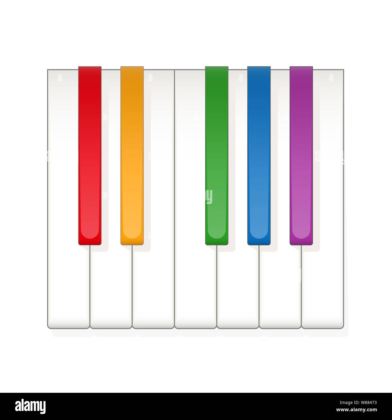 Eine Oktave auf der Tastatur mit farbigen statt der schwarzen Tasten zu spielen, einfach und lustig zu erfahren. Zwölf Tasten eines Instruments. Abbildung auf Weiß. Stockfoto