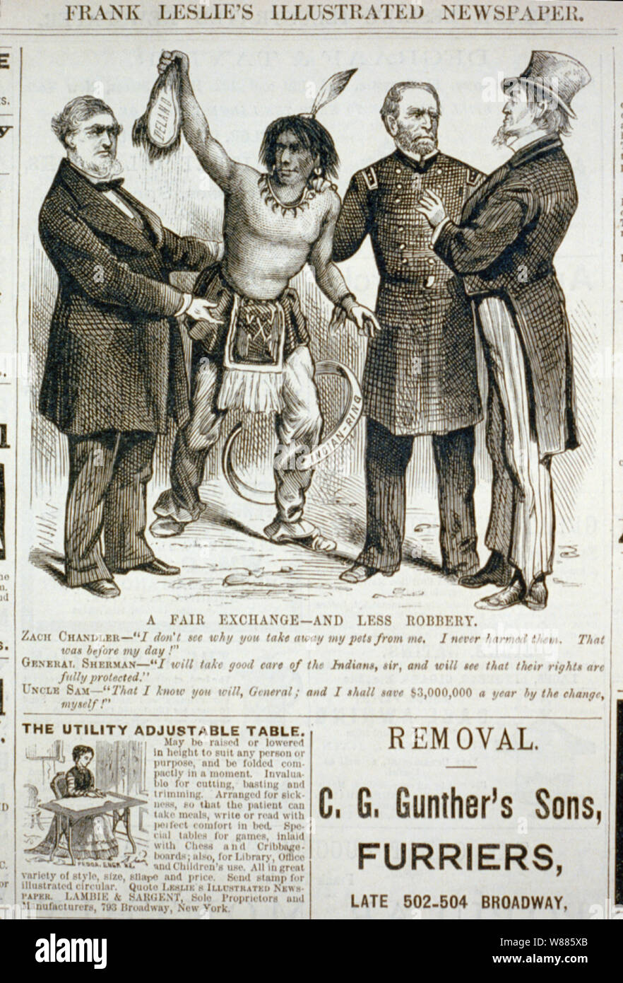 Ein fairer Tausch- und weniger Raub Cartoon zeigen Indischen holding Kopfhaut von Delano; Zach Chandler sagt zu Uncle Sam, sehe ich nicht, warum Sie meine Haustiere von Mir übernehmen sollte; Gen. Sherman sagt Onkel Sam, werde ich darauf achten, dass der Inder, Sir,; Onkel Sam, dass ich weiß, Stockfoto