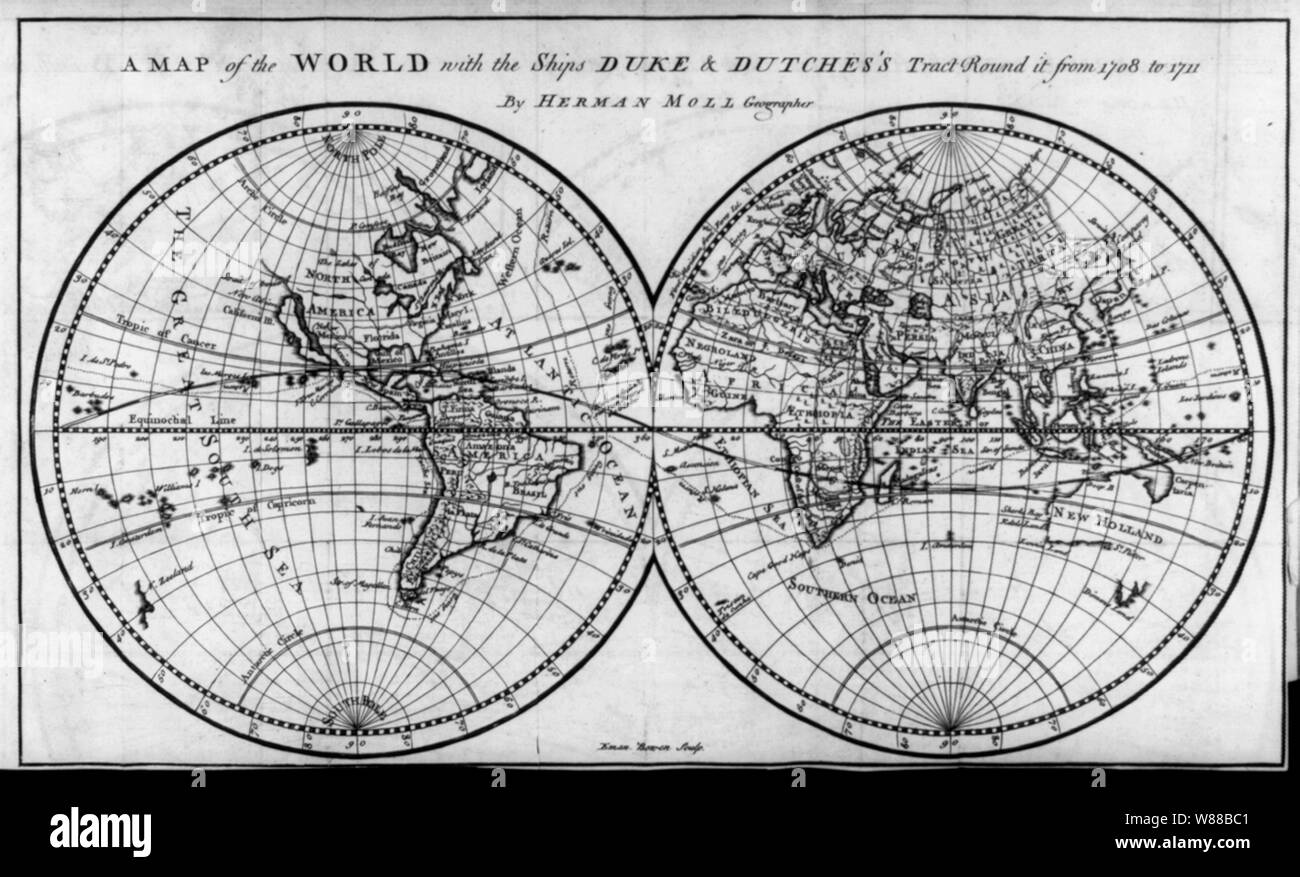 Eine Karte der Welt mit Schiffen Herzog & DUTCHESS" Trakt runden es von 1708 bis 1711, von Herman Moll, Geograph Stockfoto
