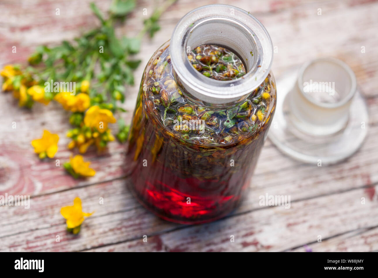 Johanniskrauttinktur, Johanniskraut-Tinktur, Tinktur, Tinkturen, alkoholischer Auszug aus Johanniskraut, Tüpfel-Johanniskraut, Echtes Johanniskraut, J Stockfoto