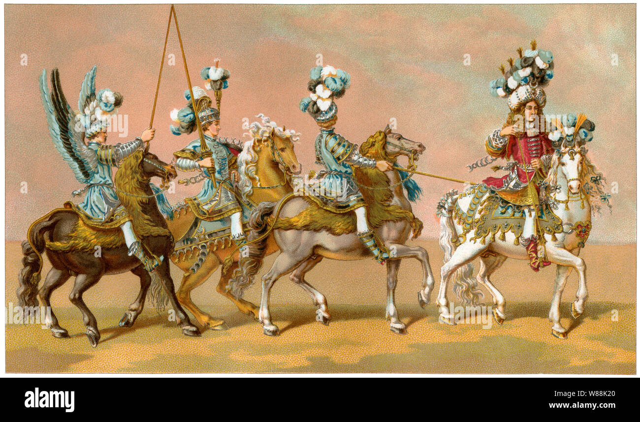 Unternehmen der Reiter kostümiert als Türken in ein französisches Karussell (Turnier), unter der Leitung von Louis II, Prince de Conde, 1662, Frankreich. Farblithographie Stockfoto