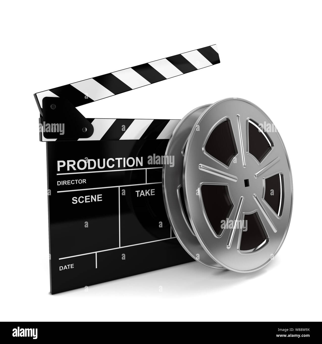 Kino film und Klatschen. 3d-Abbildung auf weißem Hintergrund Stockfoto