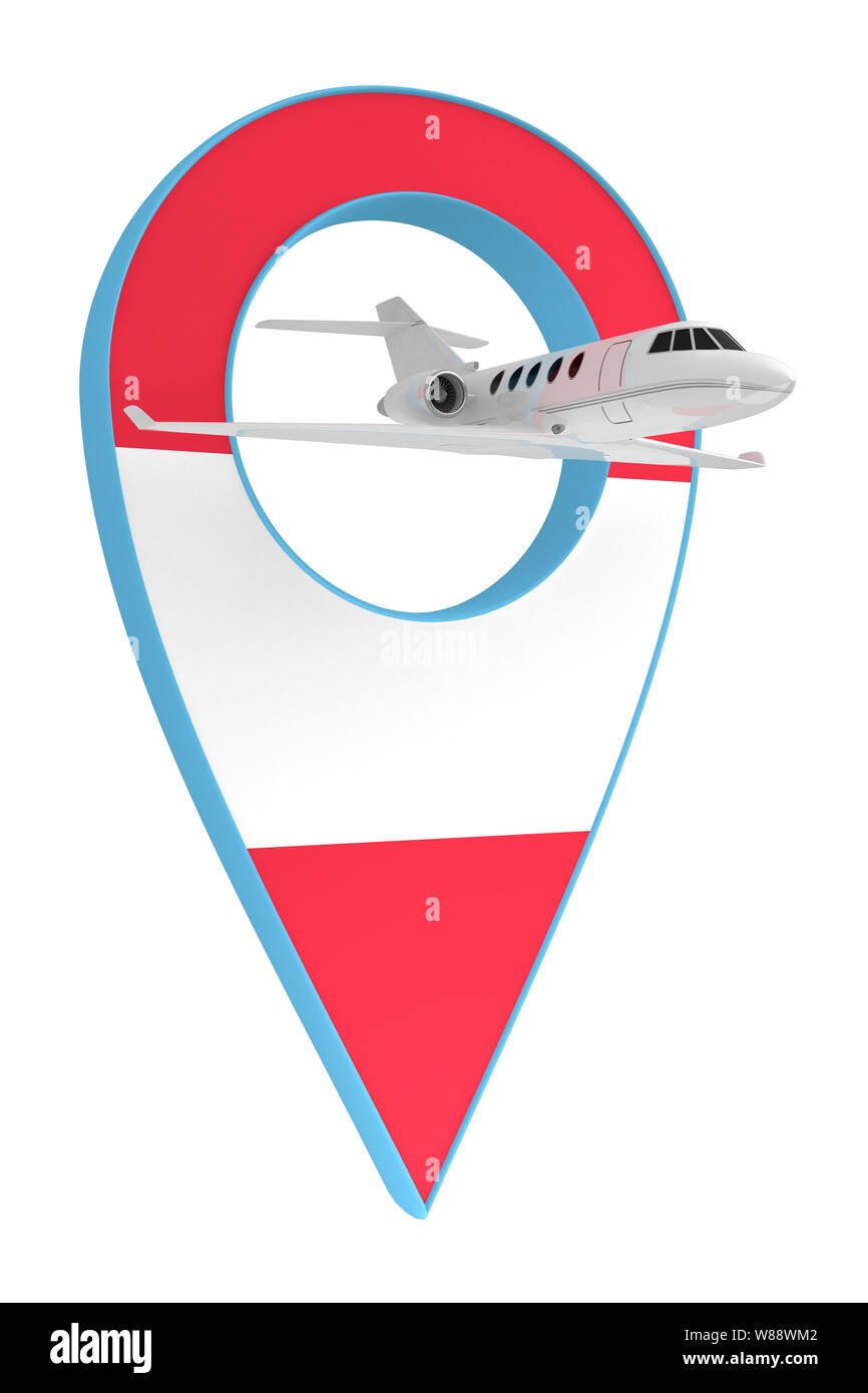 Eigenes Flugzeug mit Pin navigation Flagge Österreich. 3D-Rendering Stockfoto