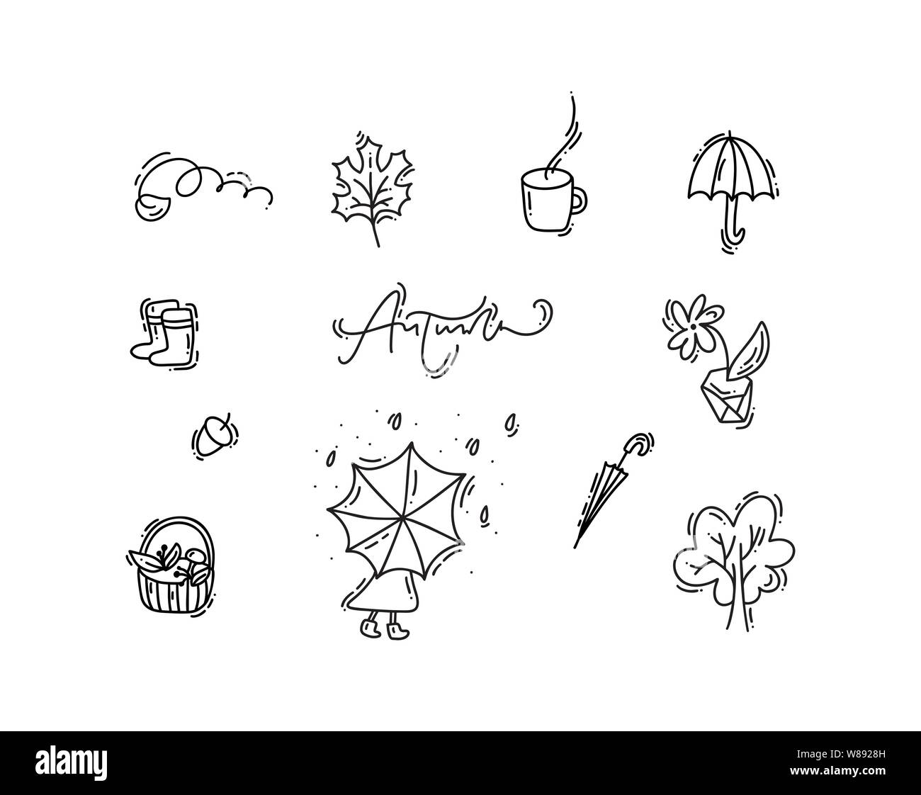 Set von Vektor monoline Doodle florale Elemente. Herbst Kollektion Grafikdesign. Kräuter, Blätter, Regenschirm. Handgezeichnete Danksagung modernen Herbst Dekor Stock Vektor