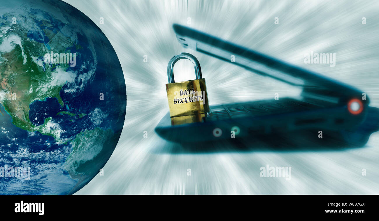 Datensicherheit mit Laptop, Schließfach und Erde Bild mit Geschwindigkeit Wirkung auf die Oberseite. Stockfoto