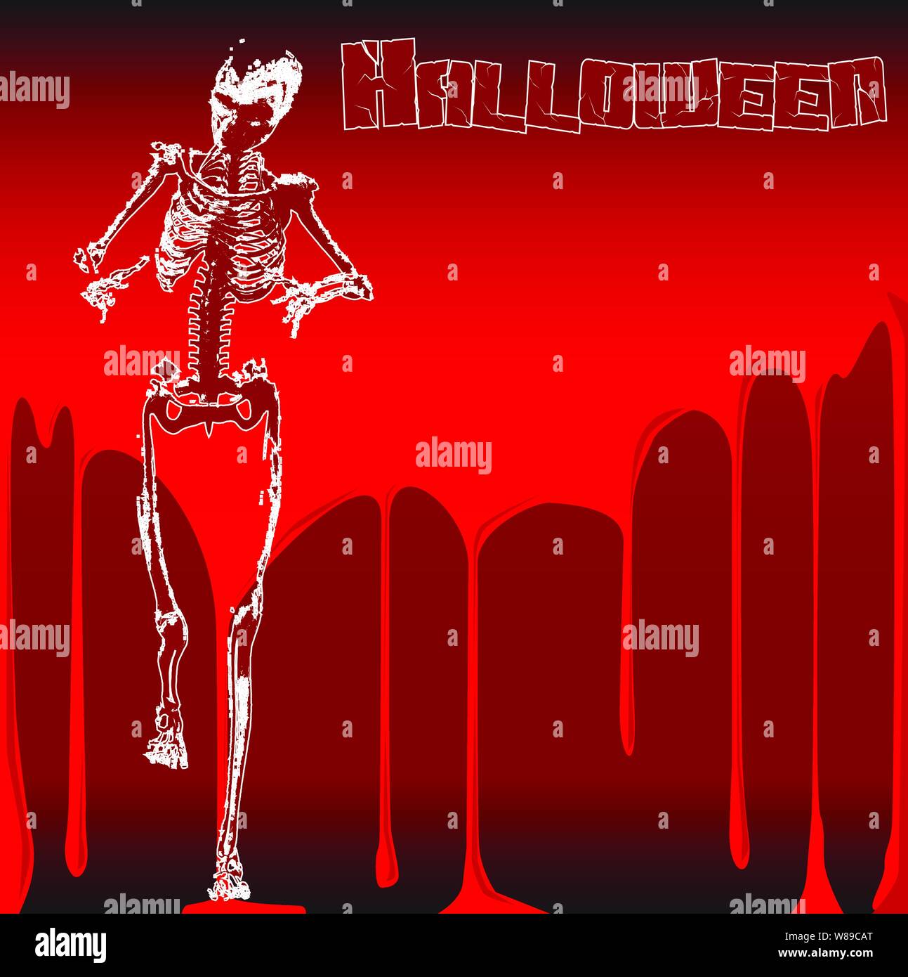 Ein gruseliges Halloween Skelett mit ausgestreckten Armen auf einem schwarzen Hintergrund Stock Vektor