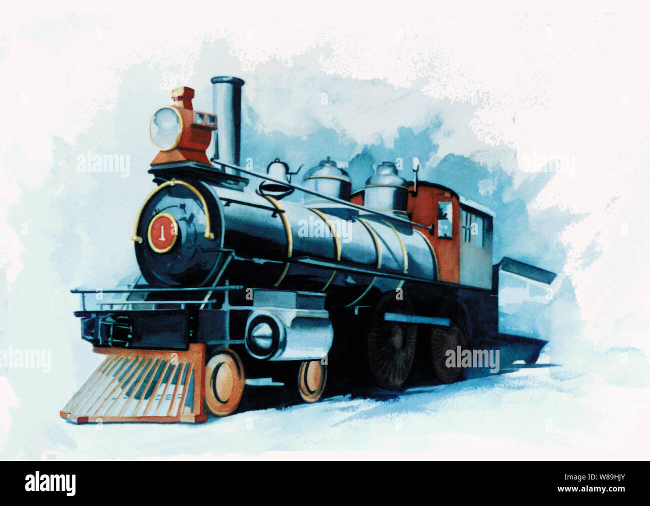 Eine alte Lokomotive, Dampfmaschine oder Zug in Aquarell mit einem großen Licht auf der Vorderseite & nummeriert von 1 Stockfoto