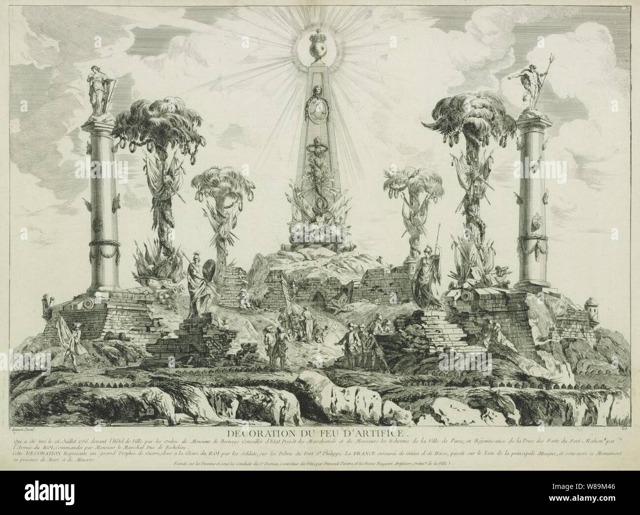 Dekoration du Feu d artifice Donne a Paris en juillet 1756 La prise de Port Mahon gießen. Stockfoto