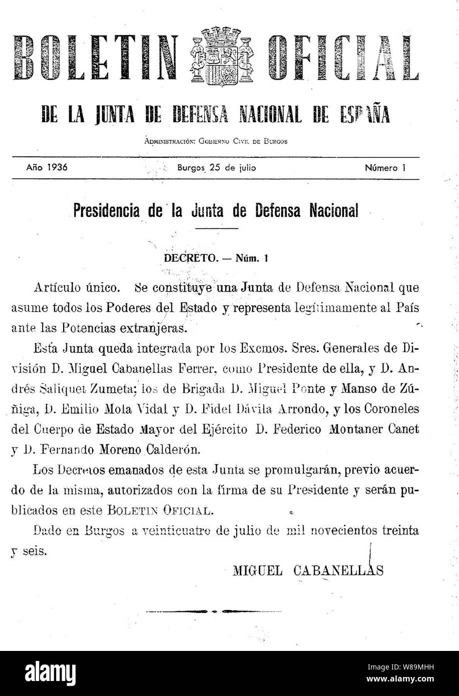 Decreto de Constitución de la Junta de Defensa Nacional. Stockfoto