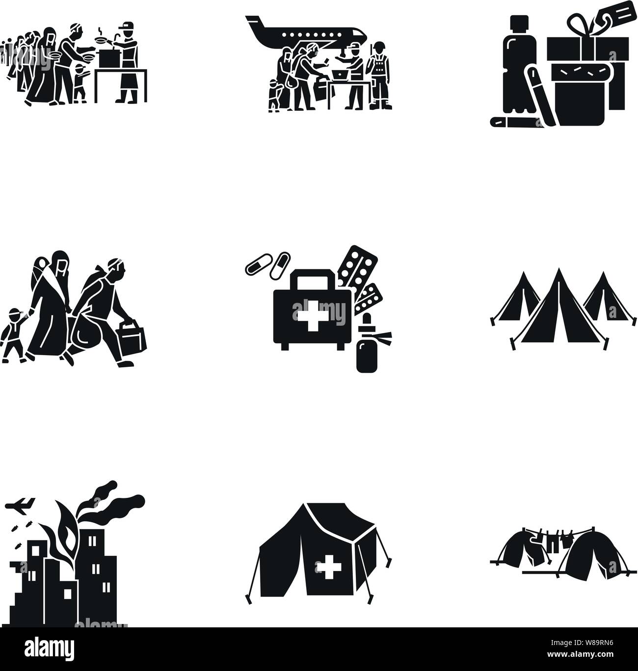 Migrant Flüchtling Icon Set. Einfacher Satz von 9 Migranten Flüchtling Vector Icons für Web Design auf weißem Hintergrund Stock Vektor