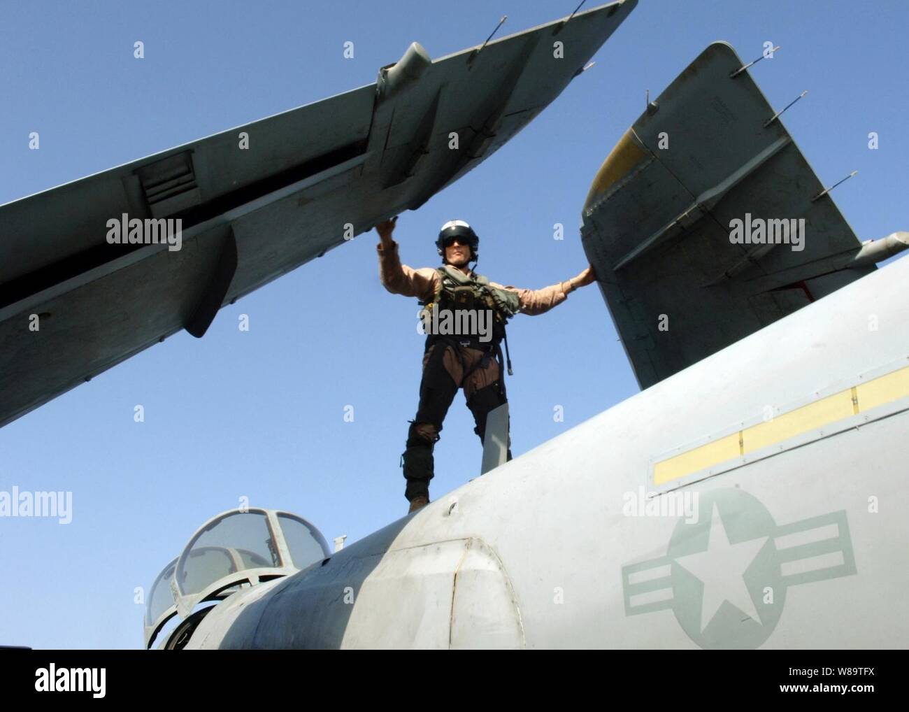 Der Pilot der eine EA-6B Prowler Flugzeug führt Preflight Checks vor auf dem Flugdeck der Atom-Flugzeugträger USS Enterprise (CVN 65) am Okt. 13, 2006 zu starten. Die Enterprise und Carrier Air Wing1 sind auf einen sechsmonatigen Einsatz zur Unterstützung der Maritime Security Operations. Stockfoto
